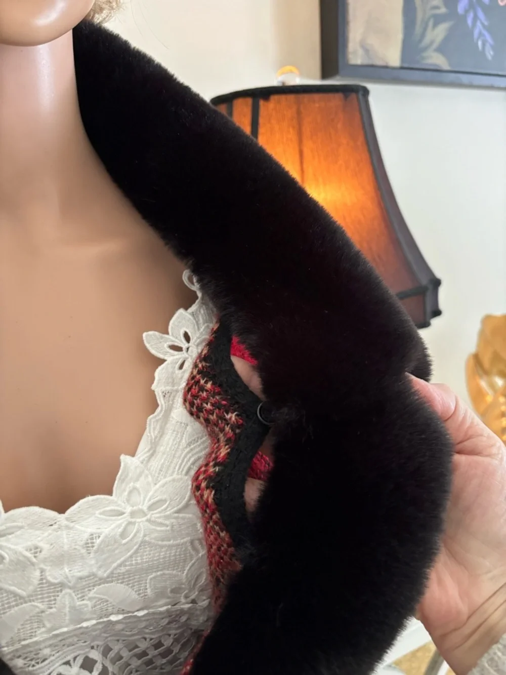cleo Red and Black Plaid Vest with Black Faux Fur Collar - Picture 6 of 14